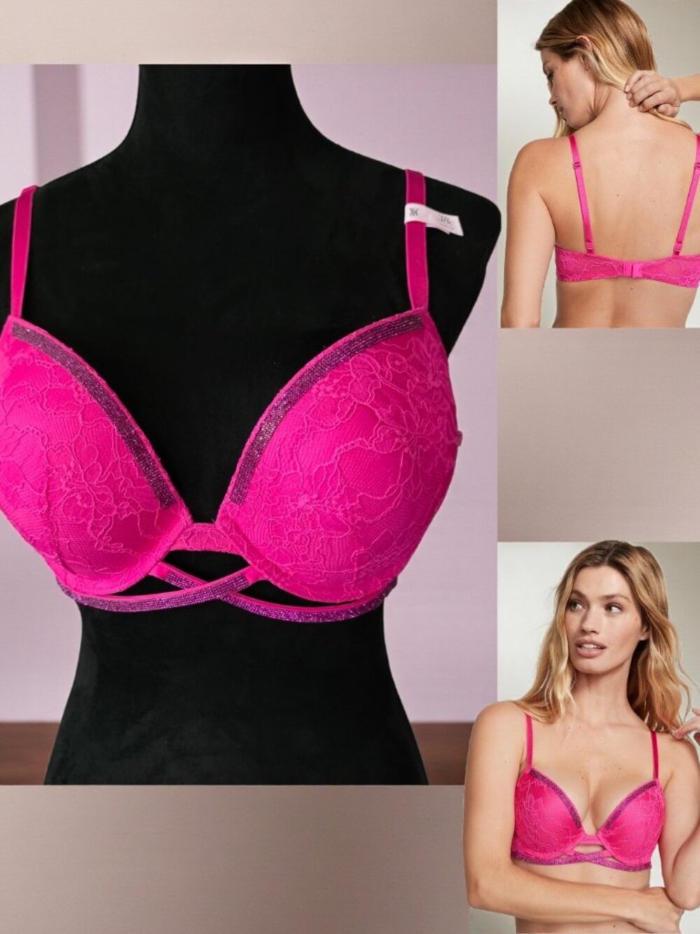 NEW VICTORIA SECRET (38C) Hot Pink Cradle Push Up Bra with Rhinestones